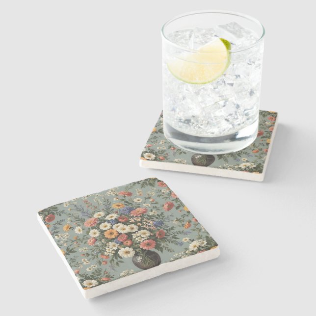 Flower mix in a vase stone coaster (Side)