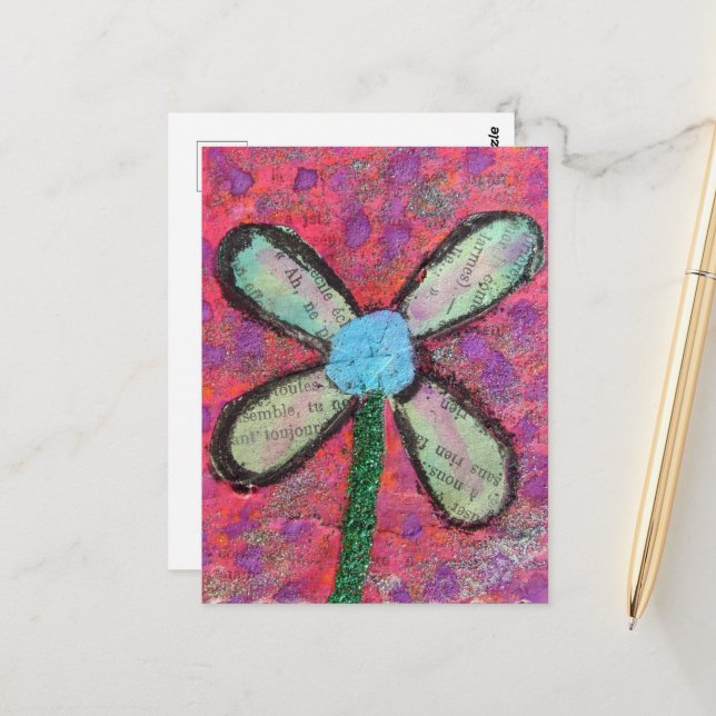 Flower Mixed Media Collage Postcard (Front/Back In Situ)