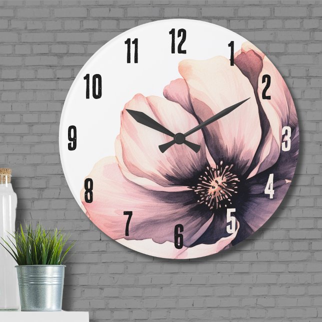 Flower Modern Pink Floral Large Clock (Flower Modern Minimalist Boho Black Pink Floral Large Clock)