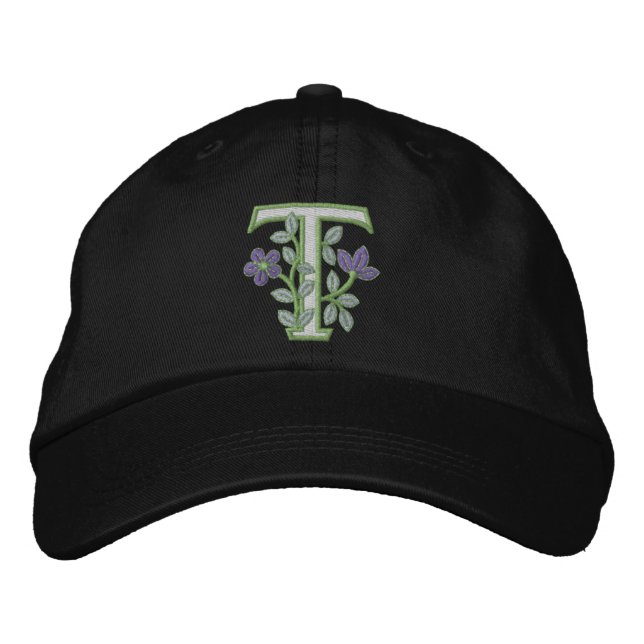 Flower Monogram Initial T Embroidered Hat (Front)