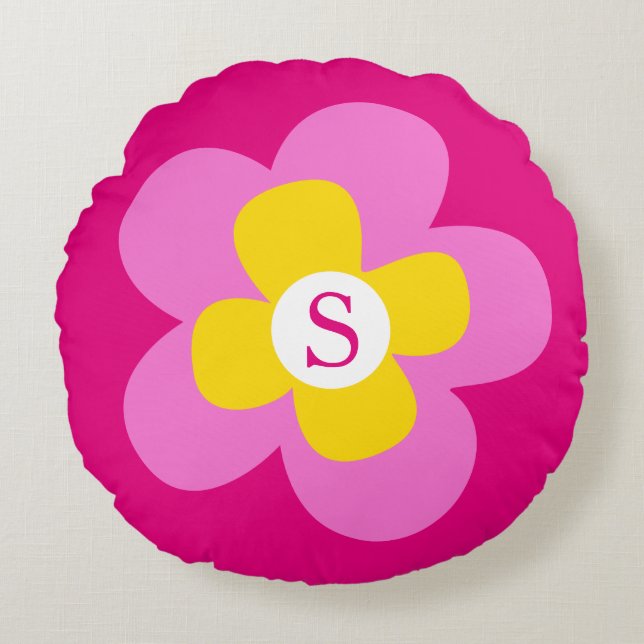 Flower monogram pink round throw pillow (Front)