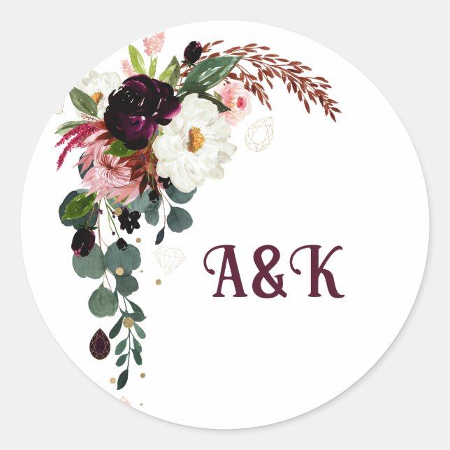Flower  MONOGRAMM boho burgundy bouquet   Classic Round Sticker (Front)