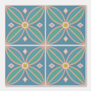 Flower motif peacock blue green and terracotta wallpaper