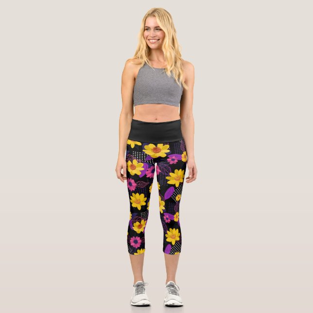 Flower Multicolored Petals Pattern Capri Leggings (Front)