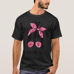 Flower Mum Life Messy Bun Hair Sunglasses Pink Mot T-Shirt