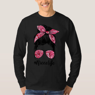 Flower Niece Life Messy Bun Hair Glasses Pink Moth T-Shirt