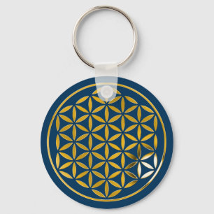 Flower Of Life 1 - Gold stamp   dark blue Key Ring
