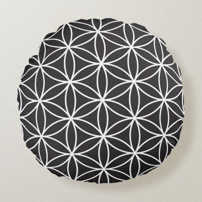 Flower of Life (2-Way) Large Ptn – Black & White Round Cushion (Front)