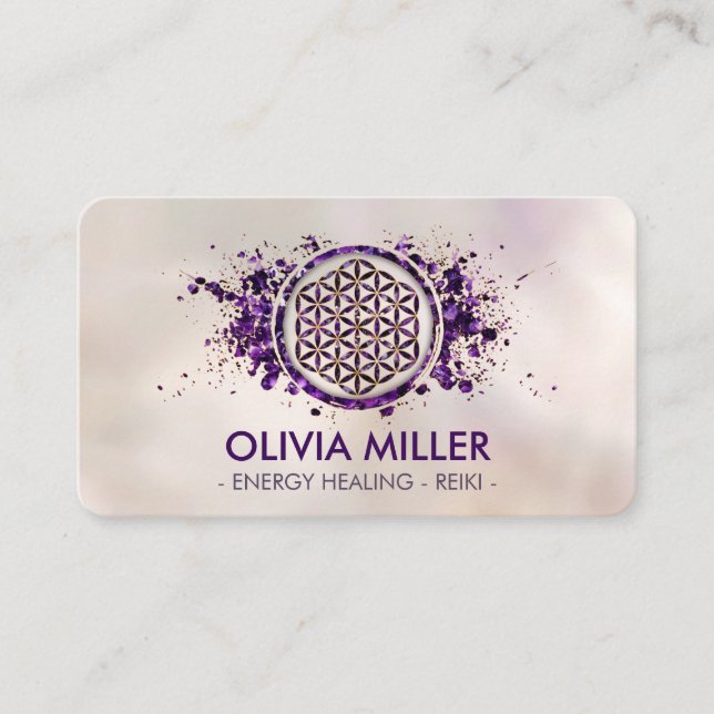Flower of life - amethyst splatter business card (Front)