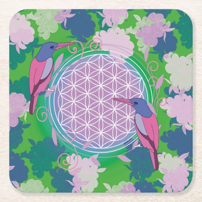 flower of life bird square paper coaster (Front)