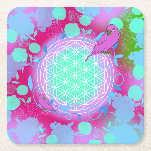 flower of life bird square paper coaster (Front)