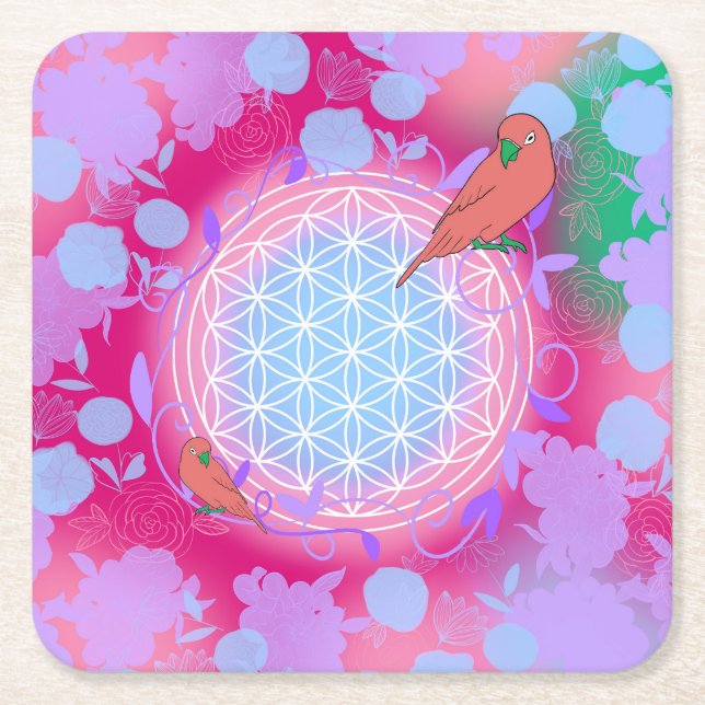 flower of life bird square paper coaster (Front)