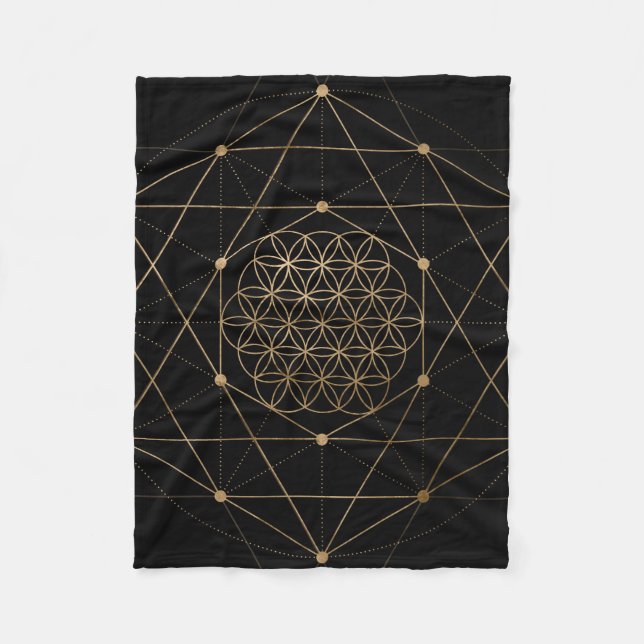 Flower of Life Black and Gold Fleece Blanket (Front)