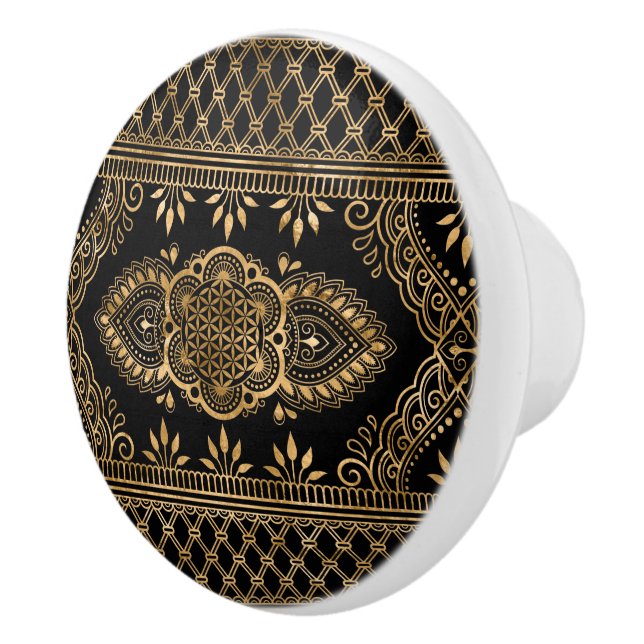 Flower of Life - Black and Gold Ornament Ceramic Knob (Right)