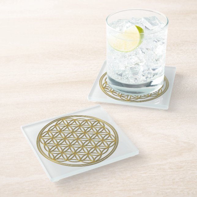 Flower Of Life / Blume des Lebens - brilliant gold Glass Coaster (Angled)