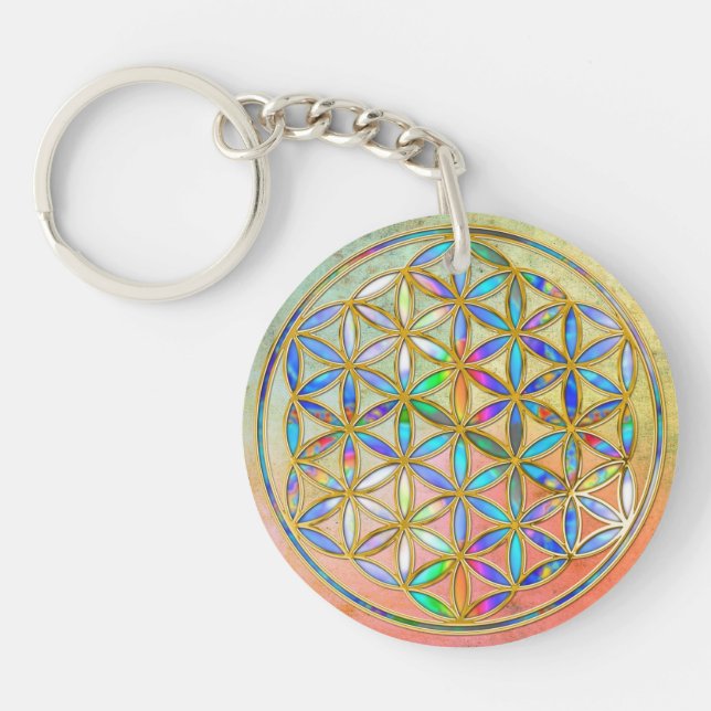 Flower of Life / Blume des Lebens - gold colourful Key Ring (Front)