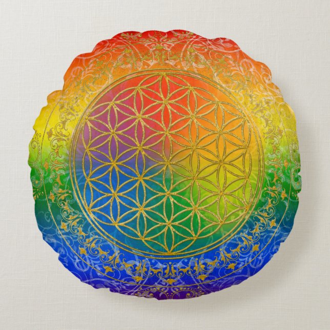 Flower Of Life / Blume des Lebens - GOLD rainbow Round Cushion (Front)