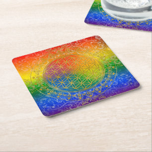 Flower Of Life / Blume des Lebens - GOLD rainbow Square Paper Coaster