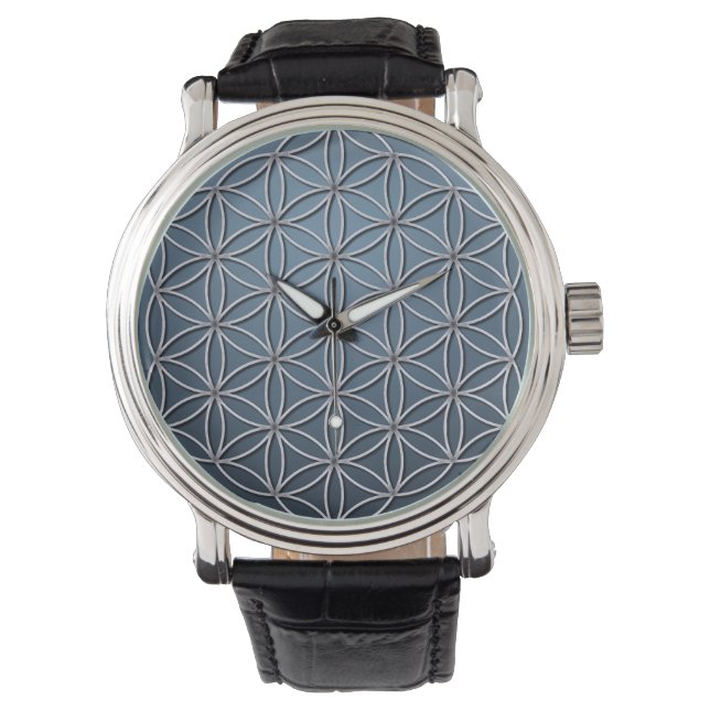 Flower of Life (Blume des Lebens) Silver Blue Watch (Front)