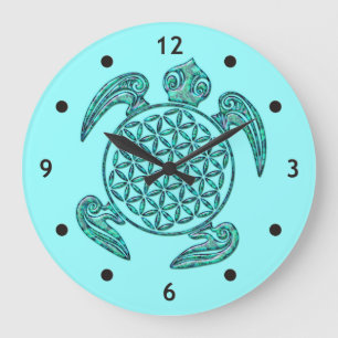 Flower of Life / Blume des Lebens turtle turquoise Large Clock