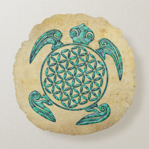 Flower of Life / Blume des Lebens turtle turquoise Round Cushion