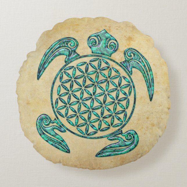Flower of Life / Blume des Lebens turtle turquoise Round Cushion (Front)