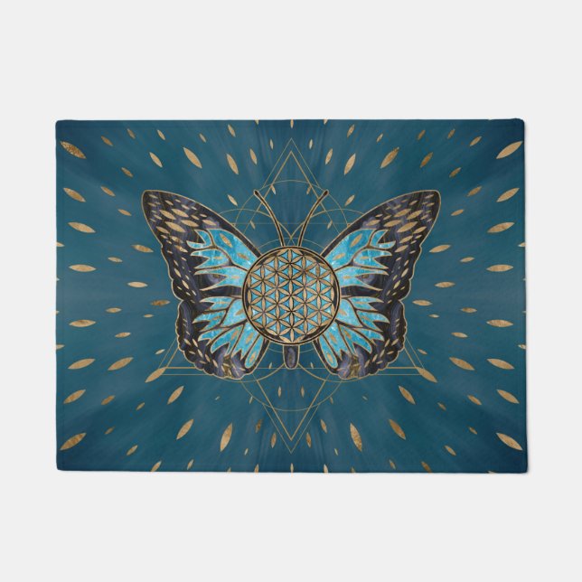 Flower of Life Butterfly - Blue Gemstone and gold Doormat (Front)