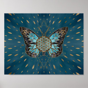 Flower of Life Butterfly - Blue Gemstone and gold Poster