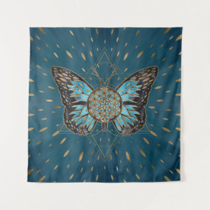 Flower of Life Butterfly - Blue Gemstone and gold Tapestry