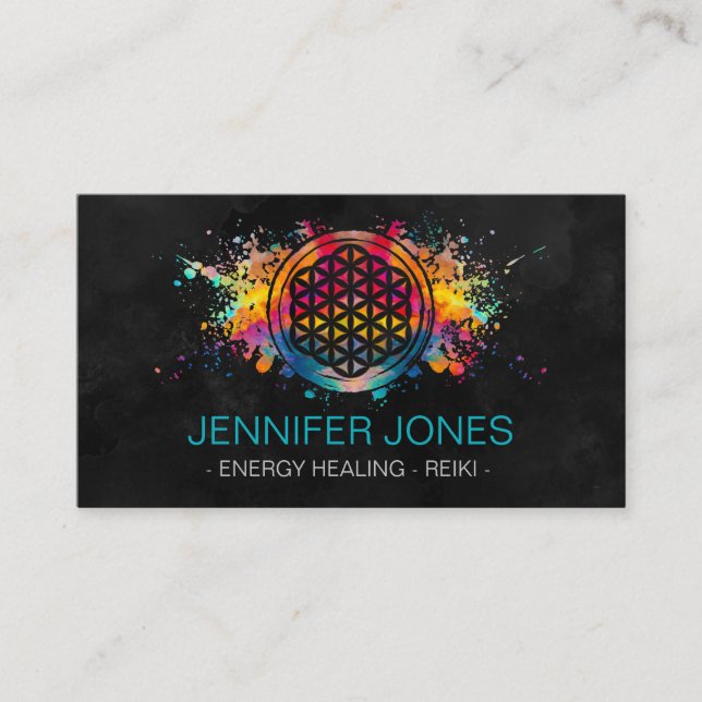 Flower of life - colourful splatter business card (Front)