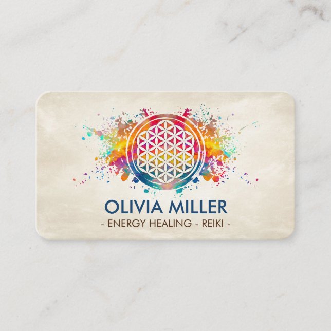 Flower of life - colourful splatter business card (Front)