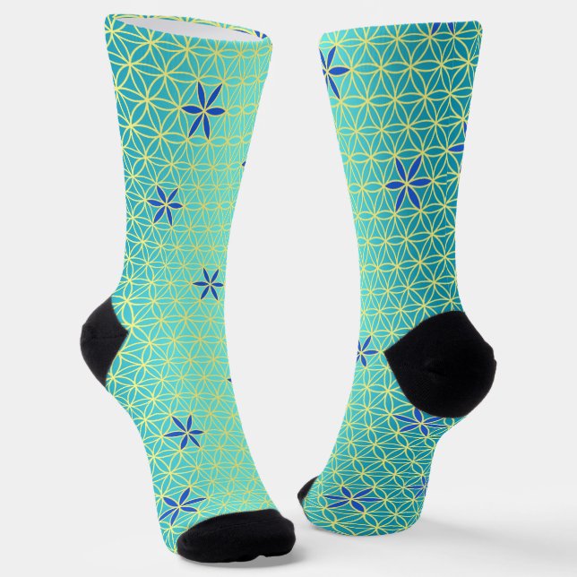 FLOWER OF LIFE - cyan yellow pattern Socks (Angled)