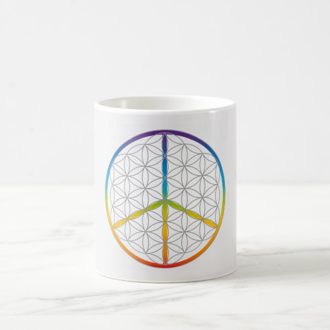 Flower of Life Design Peace + Love Symbol Rainbow Coffee Mug (Center)