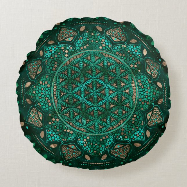 Flower of Life Dot Art malachite gold Round Cushion (Front)