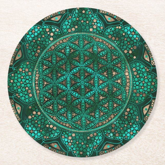 Flower of Life Dot Art malachite gold Round Paper Coaster (Front)