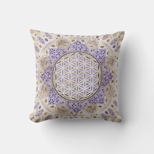 Flower of Life Dot Art Pastels, purples and gold Cushion (Front)