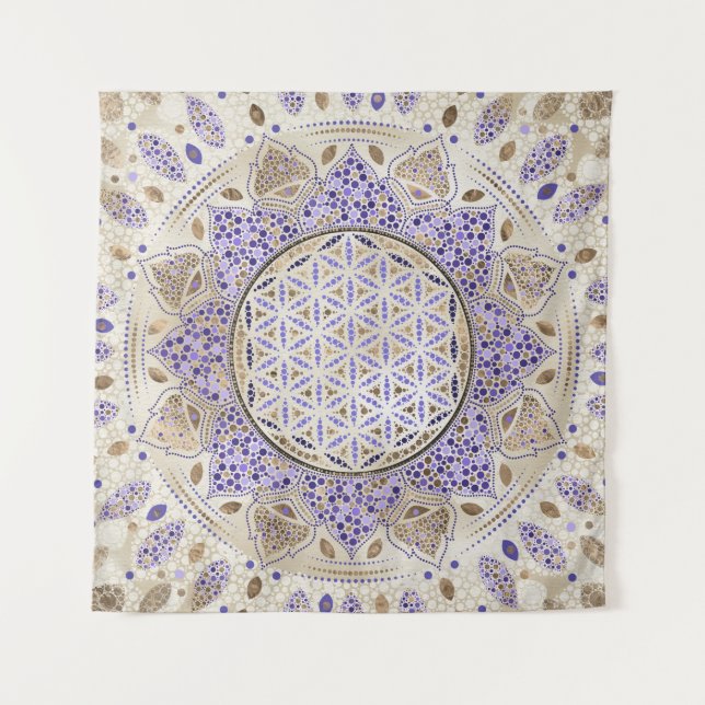 Flower of Life Dot Art Pastels, purples and gold Tapestry (Front)