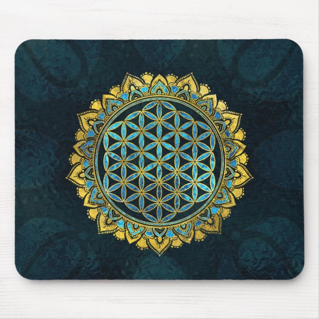 Flower of life gold an blue texture  glass mouse mat (Front)