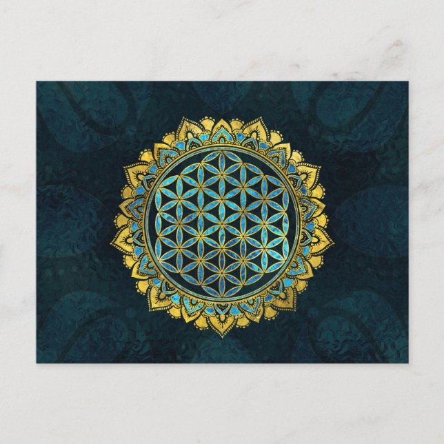 Flower of life gold an blue texture  glass postcard (Front)