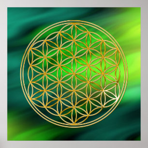 Flower Of Life gold, green waves Poster