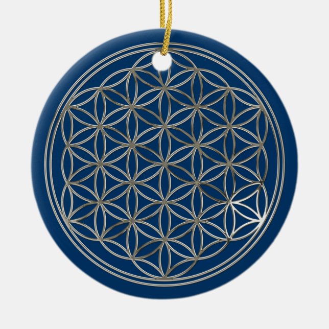 FLOWER OF LIFE - gold + silver / blue + red Ceramic Tree Decoration (Front)