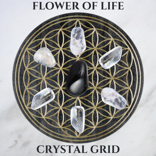 Flower of Life Golden Crystal Grid in Cosmos Cutting Board (Flower of Life Crystal Grid by Awakening Graphics. Crystals set up for a protection grid.)