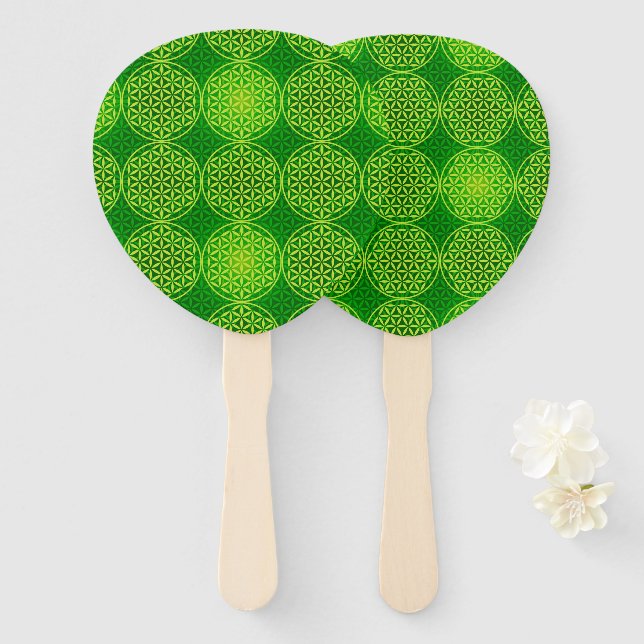 FLOWER OF LIFE - green mix pattern Hand Fan (Front and Back)