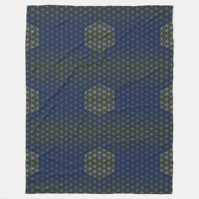 Flower of Life - grid pattern gold silver Fleece Blanket (Front)