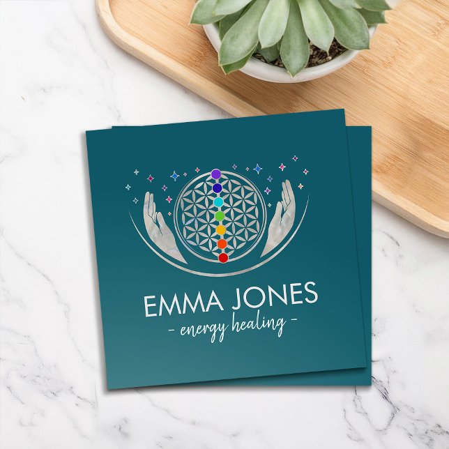 Flower of life, healing hands, chakras  square business card (Creator Uploaded)