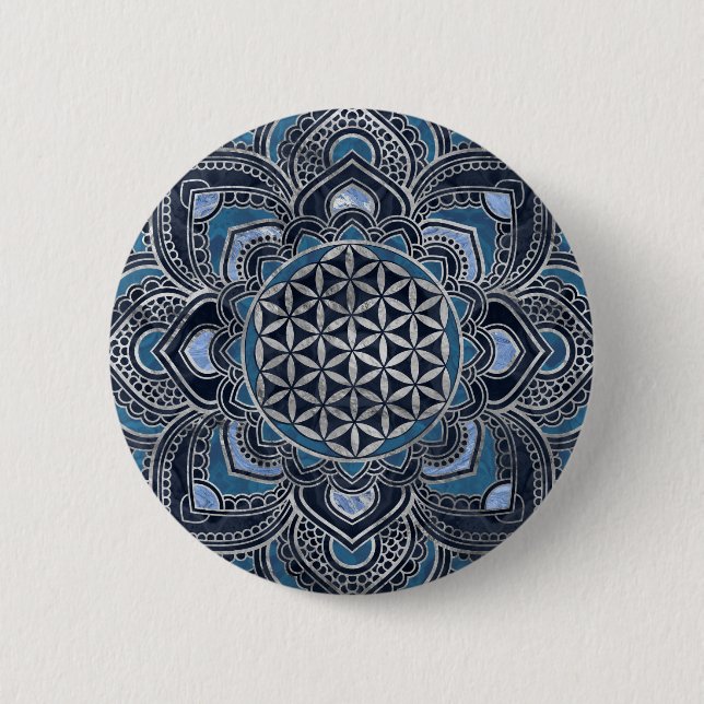 Flower of Life in Lotus - Blue Crystal and Silver 6 Cm Round Badge (Front)