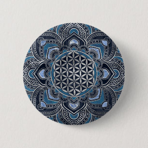Flower of Life in Lotus - Blue Crystal and Silver 6 Cm Round Badge