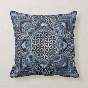 Flower of Life in Lotus - Blue Crystal and Silver Cushion