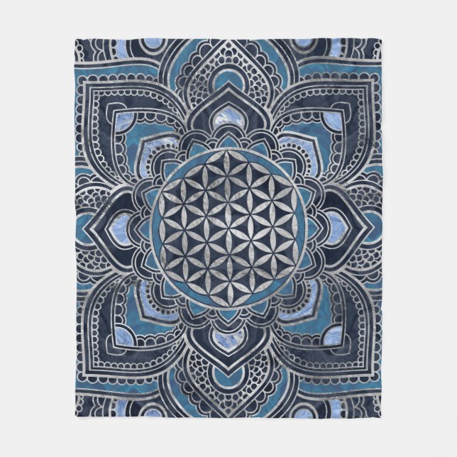 Flower of Life in Lotus - Blue Crystal and Silver Fleece Blanket (Front)