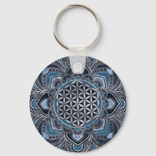 Flower of Life in Lotus - Blue Crystal and Silver Key Ring